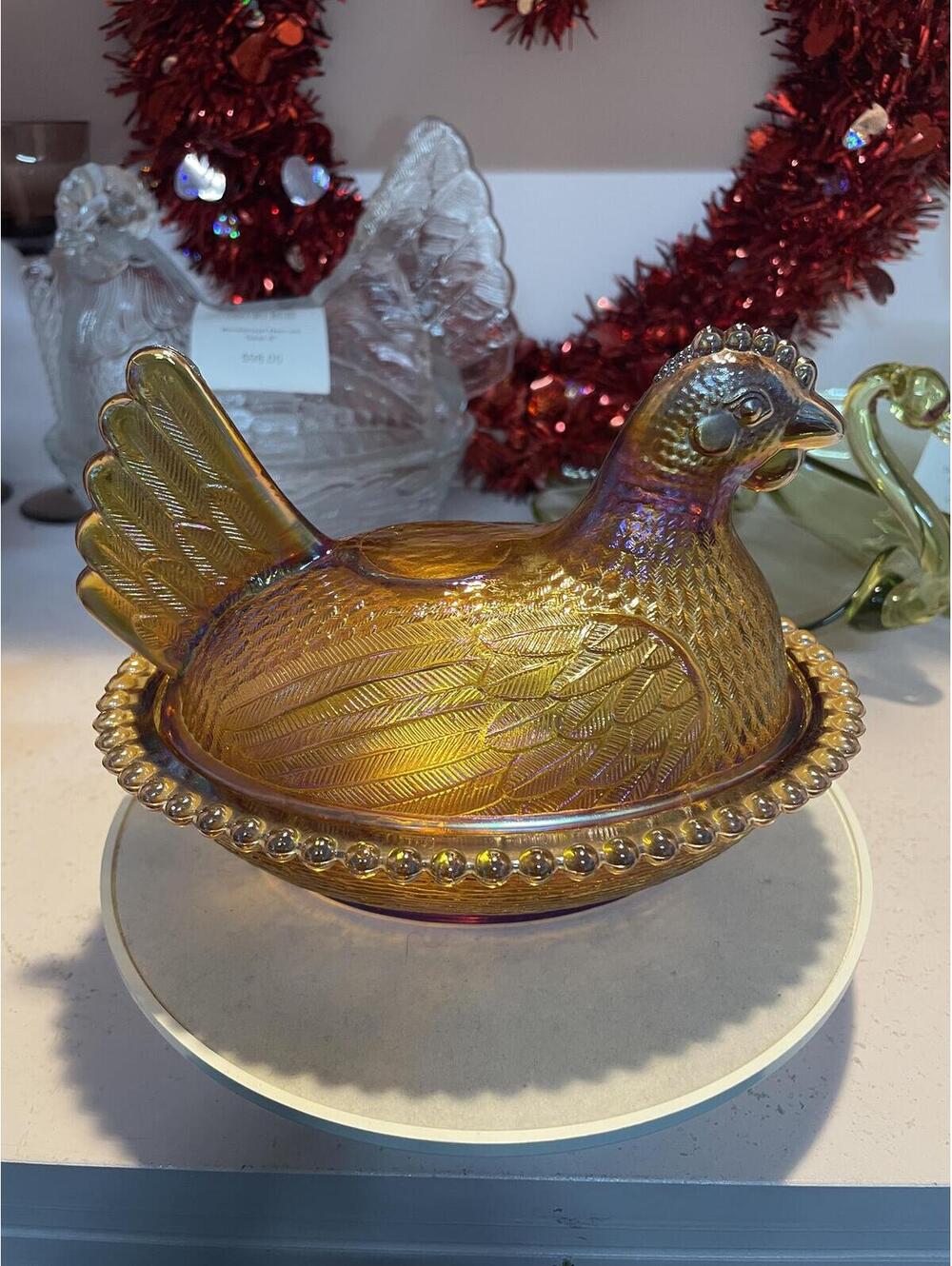 Indiana Glass Vintage Gold Hen on Nest 7 Inch Iridescent Candy Dish
